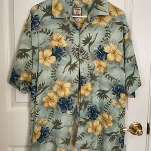 Tommy Bahama Green and Yellow Casual Button Down Shirt with Tropical Print